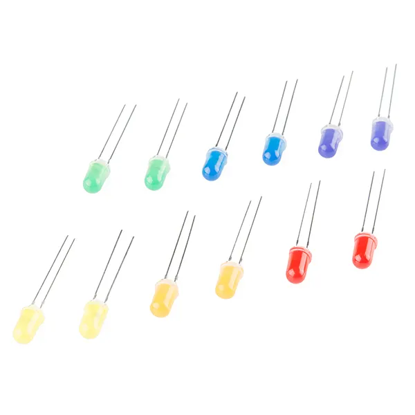 Dodici LED da 5 millimetri disposti in due file, due per colore: verde, blu, viola, giallo, arancione e rosso, ciascuno con due reofori.