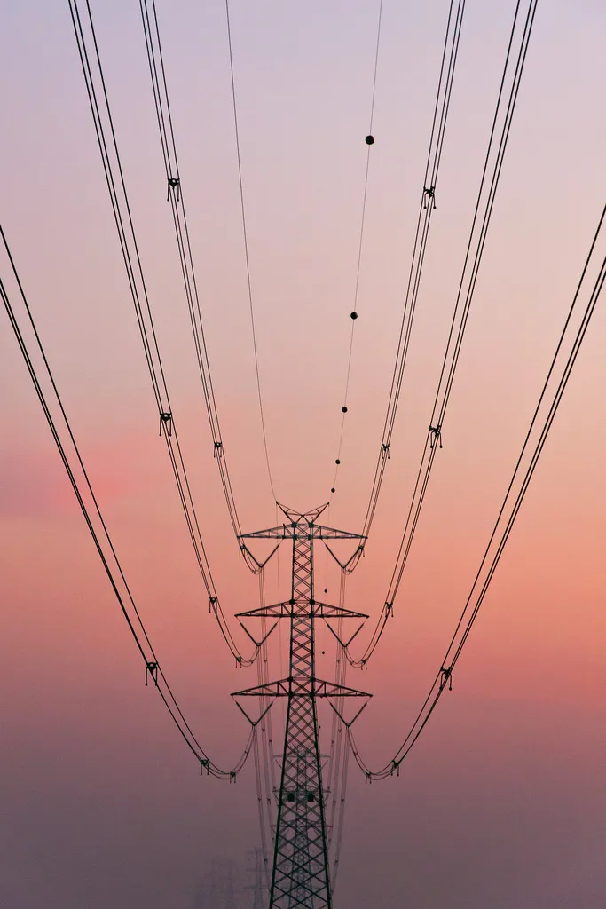Un traliccio in controluce contro un cielo rosa al tramonto, con tre mensole per lato da cui pendono fasci di conduttori; sopra corre una fune con alcune sfere nere.