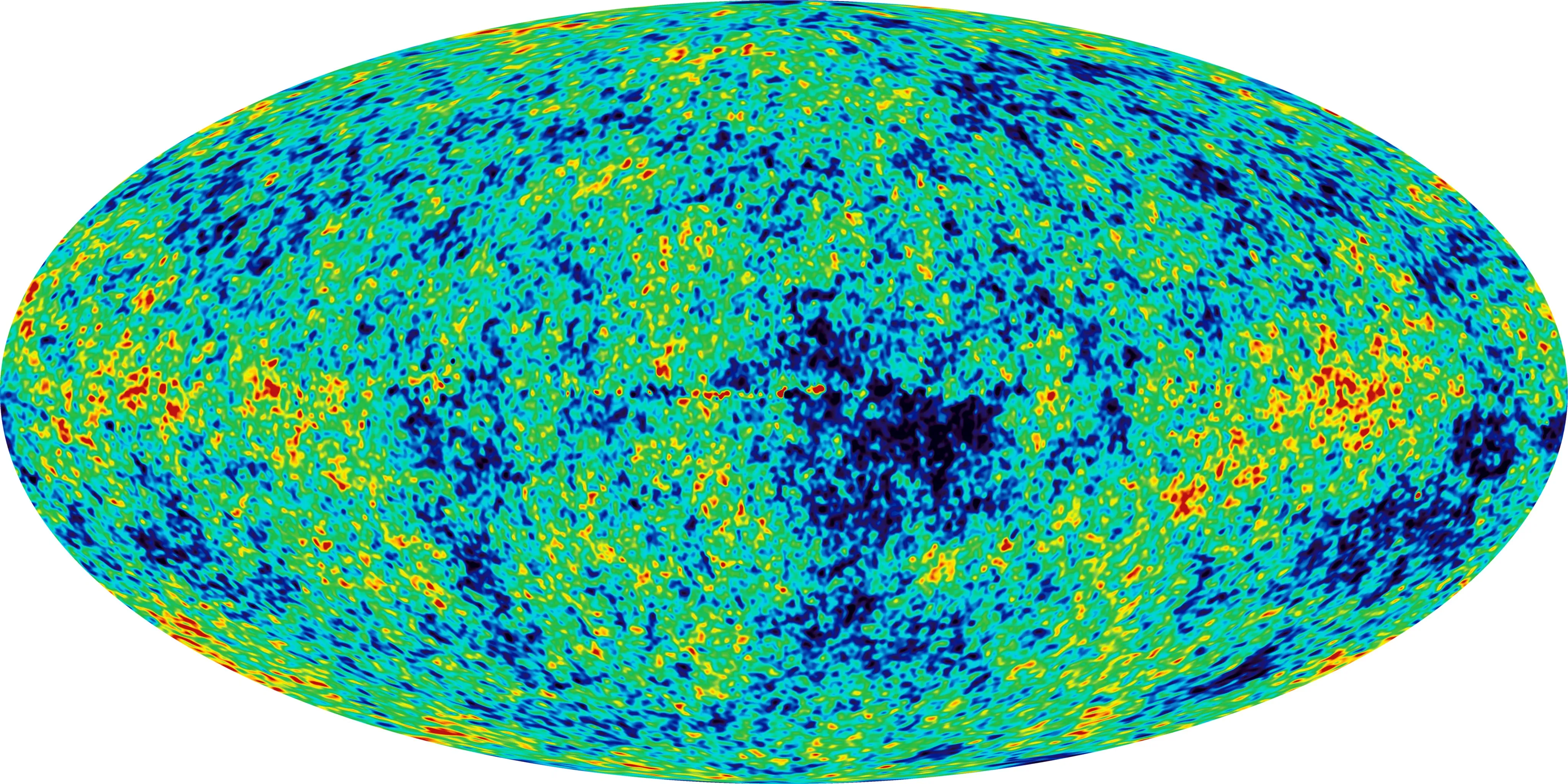 Mappa ovale del cielo intero coperta di macchie blu, verdi, gialle e rosse, che rappresentano piccole differenze di temperatura della radiazione cosmica di fondo.